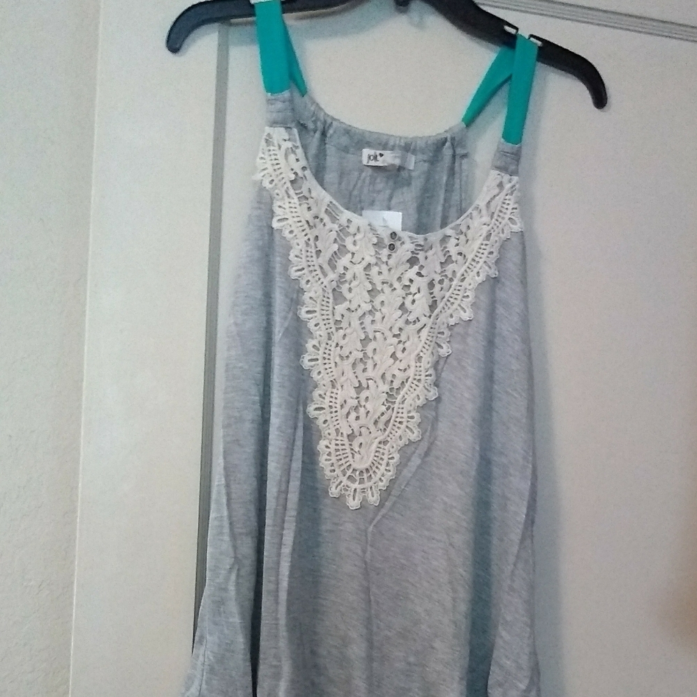 JOLT New With Tags Sz S gray & Turquoise  top w lace front accent